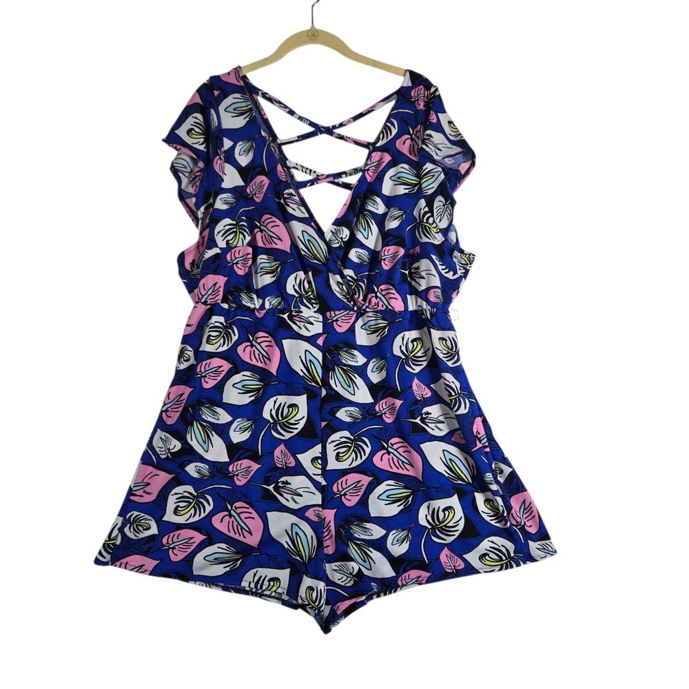 Eloquii Romper Womens 14/16 Blue Pink Floral Cap Sleeve Caged Back Stretch Knit